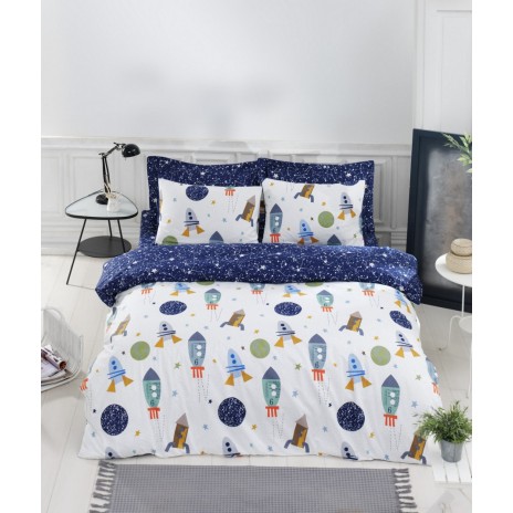 Lenjerie de pat dublu bumbac 100% ranforce cu design tematic spațial, set de 4 piese