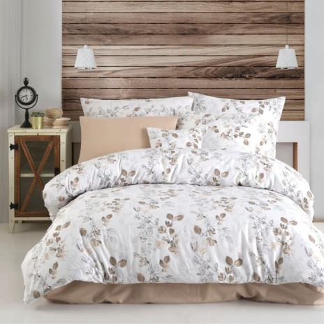 Lenjerie de pat dublu bumbac 100% ranforce model Almira cu design floral în nuanțe de bej și crem