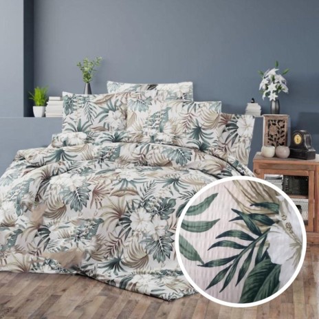 Lenjerie de pat dublu din bumbac creponat, imprimeu cu frunze tropicale si flori, set 4 piese pentru saltea 160x200 cm, design exotic si modern.