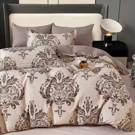 Lenjerie de pat dublu percale, 6 piese, bumbac 100%, design elegant maro pe crem, cearceaf simplu gri uni.