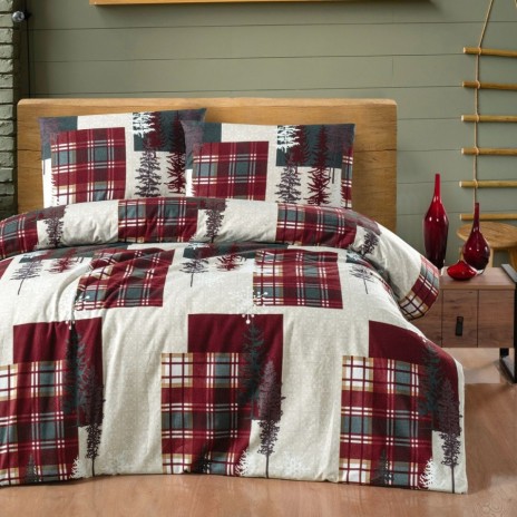 Lenjerie de pat dublu flanel Winter Bej, cu brazi si carouri, bumbac 100% calduroasa