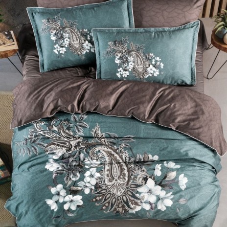 Lenjerie de pat Leonel, design floral si paisley in nuante de verde si maro, satin de lux premium, 6 piese