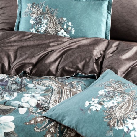 Lenjerie de pat Leonel, design floral si paisley in nuante de verde si maro, satin de lux premium, 6 piese