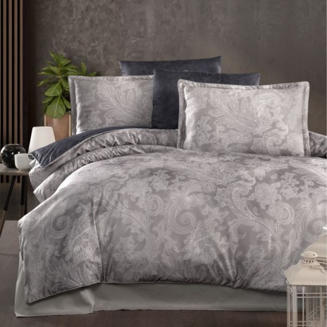 Lenjerie pat dublu Giselle Paisley gri, design paisley, Premium Satin, pat de lux