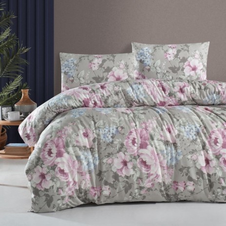 Lenjerie de pat Davida Gri, design floral pastelat in nuante de roz si mov, din bumbac 100% ranforce, 4 piese, cearsaf cu elastic, saltele 140x200 cm și 160x200 cm, design elegant alb