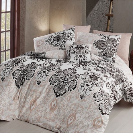 Lenjerie de pat dublu bumbac 100% ranforce Nazenin Home cu 6 piese și modele florale în nuanțe de maro și negru pe fundal alb.
