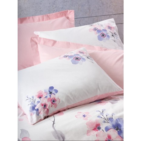 Lenjerie de pat dublu bumbac 100% ranforce Cottonbox Jayda, design floral în nuanțe de roz, alb, violet și gri.