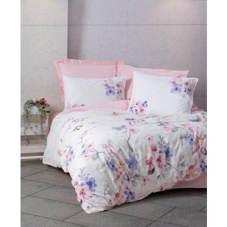 Lenjerie de pat dublu bumbac 100% ranforce Cottonbox Jayda, design floral în nuanțe de roz, alb, violet și gri.