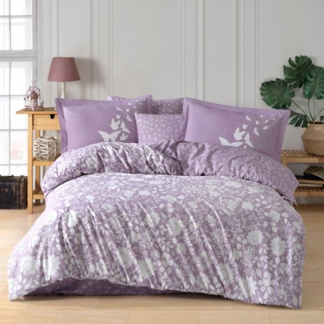 Lenjerie de pat dublu din poplin percale lila Hobby Home cu imprimeu floral alb și fluturi