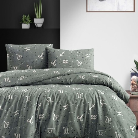 Lenjerie de pat Goodnight gri antracit cu imprimeu zodii, din bumbac 100% ranforce, 4 piese, cearsaf cu elastic, saltele 140x200 cm și 160x200 cm, design delicat roz, alb