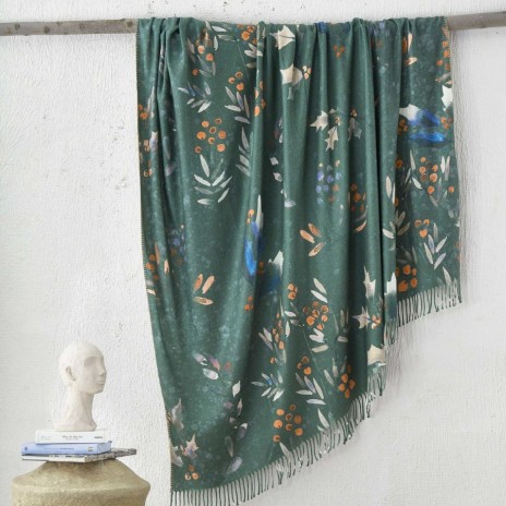 Patura de lux acryl cu franjuri Boho Renna Verde 220 x 240 cm, design cu frunze