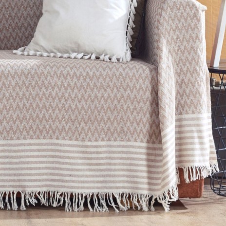 Pled bumbac model zig-zag si dungi maro/ecru, 170x210 cm, franjuri decorativi