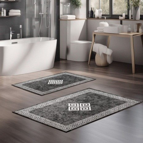 Set 2 covorase baie catifelate cu imprimeu geometric gri petrol alb, antiderapante