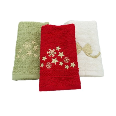 Set 3 prosoape bucatarie cu broderii festive, bumbac 100%, model stelute, funda, fulgi de nea