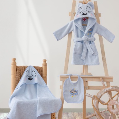 Set de baie pentru bebeluși Cotton Box Bear, halat albastru cu glugă de urs, prosop și bavețică cu motiv de urs