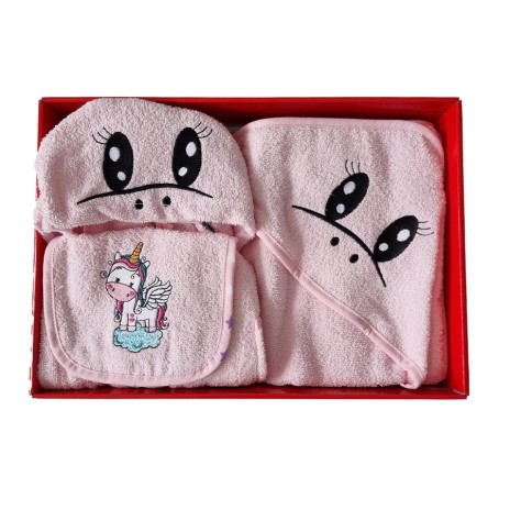 Set de baie pentru bebeluși Cotton Box Unicorn, inclusiv halat roz cu glugă, prosop și bavețică cu motiv de unicorn