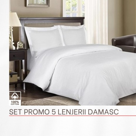 Set promo 5 Lenjerii damasc BBC100% cu elastic saltea 100x200cm, Alb